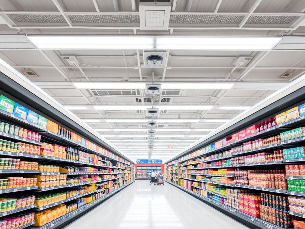 Câmeras de segurança instaladas no teto de um supermercado